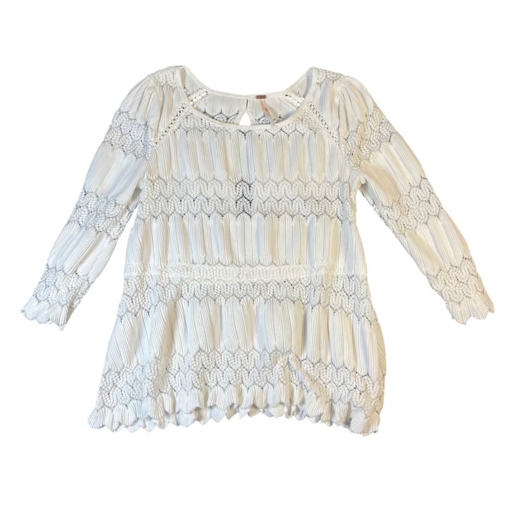 Free People White Lace Knit Crochet Long Sleeve Peasant Top Blouse Size XS